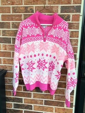 Kali Rose Pink & Light Pink Geometric Half-Zip Cowl Sweater